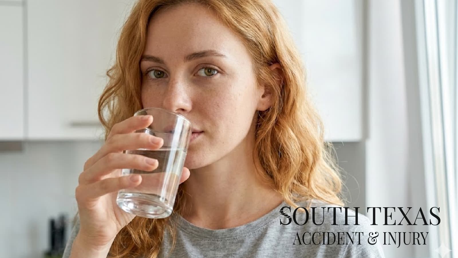 A clean glass of water on a bright kitchen counter