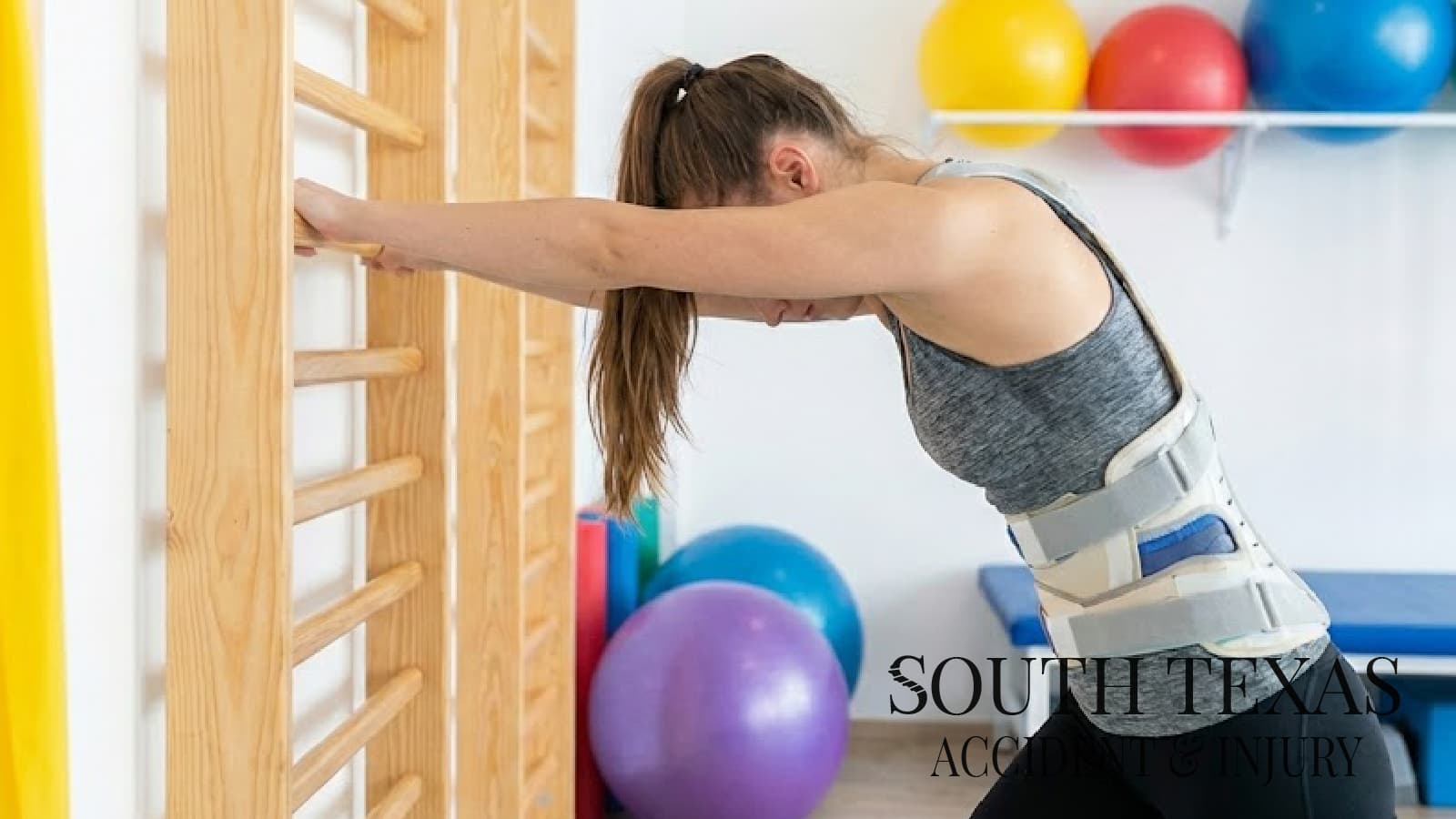 A calm clinic setting with a spine model and posture screen nearby